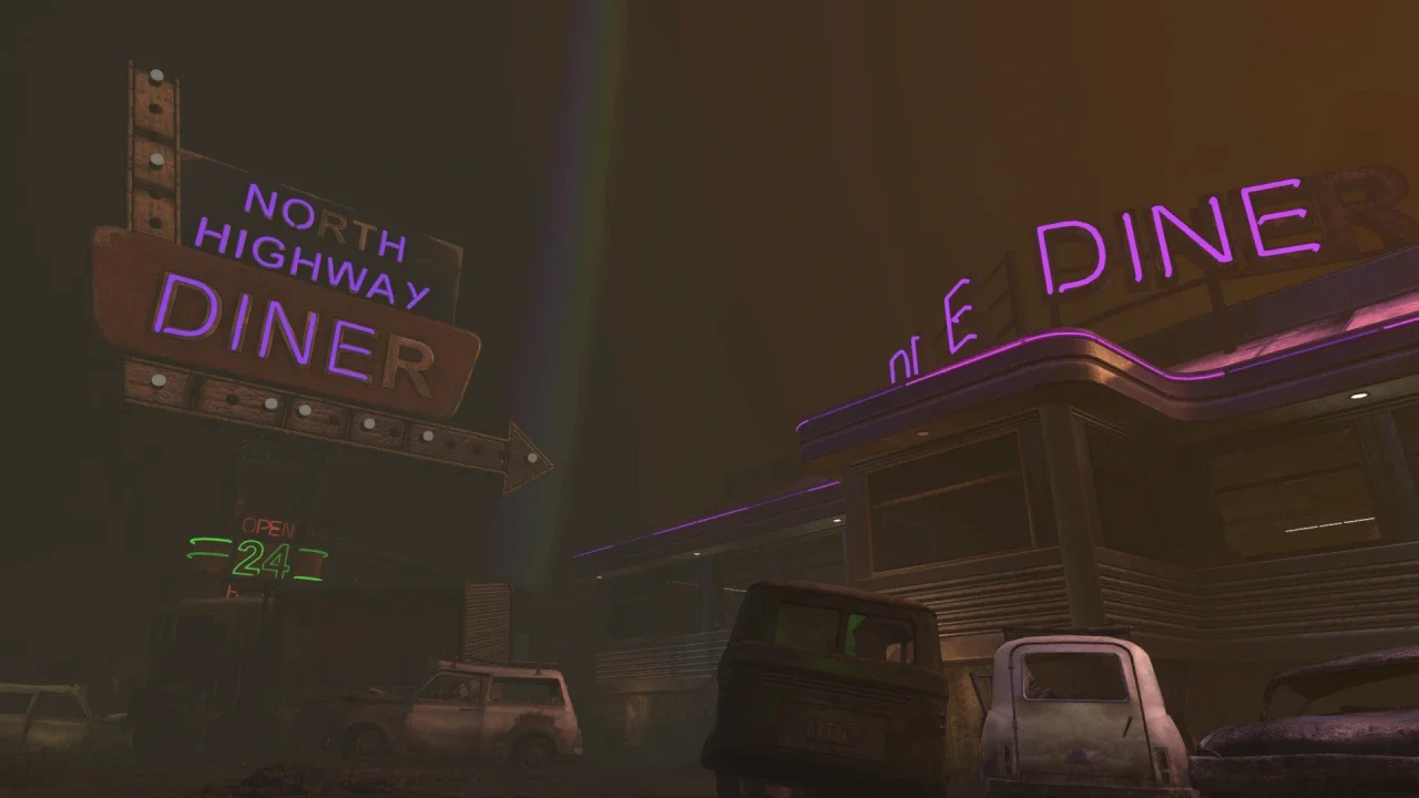 The North Highway Diner and its neon signs in the fog in TranZit, Call of Duty Black Ops II Zombies