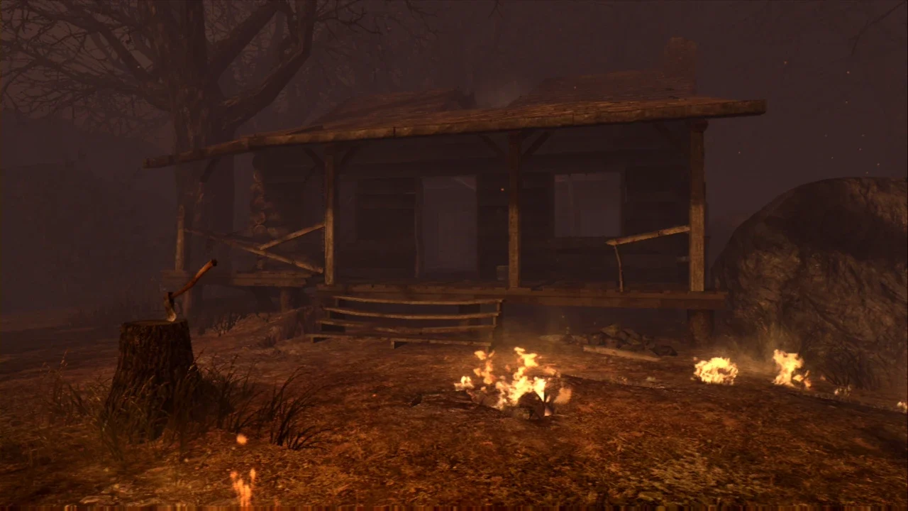 The Hunter's Cabin in the woods, fires burning in front in TranZit, Call of Duty Black Ops II Zombies