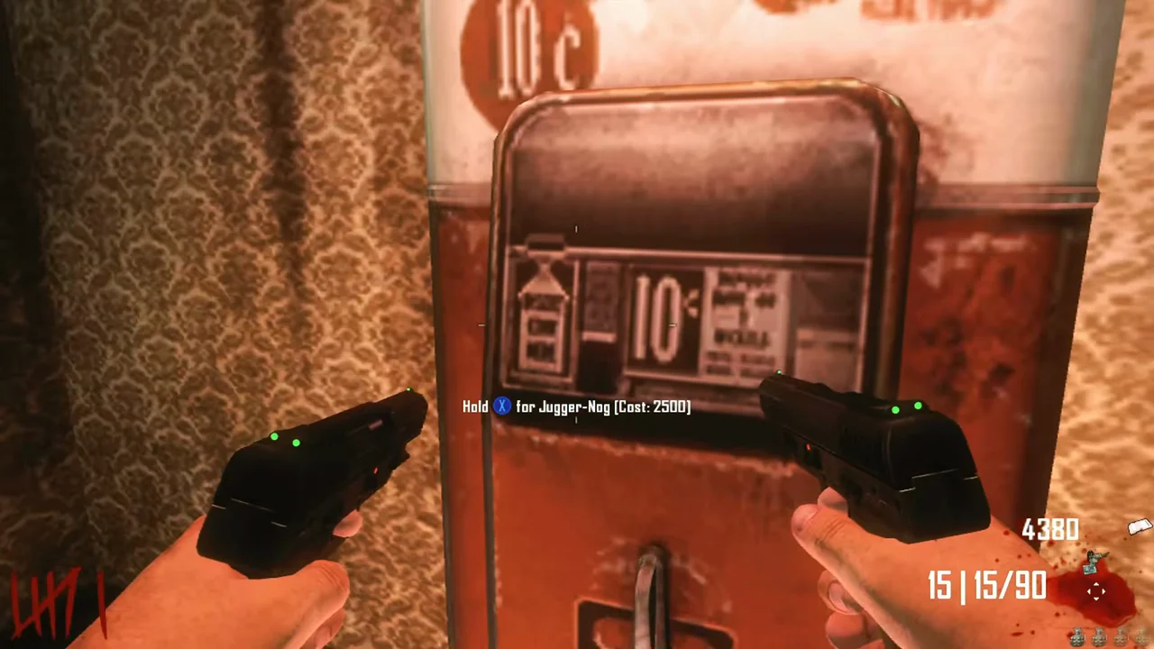 The Juggernog machine upstairs in a building in Town, Hold for Jugger-Nog, Cost 2500 in TranZit, Call of Duty Black Ops II Zombies