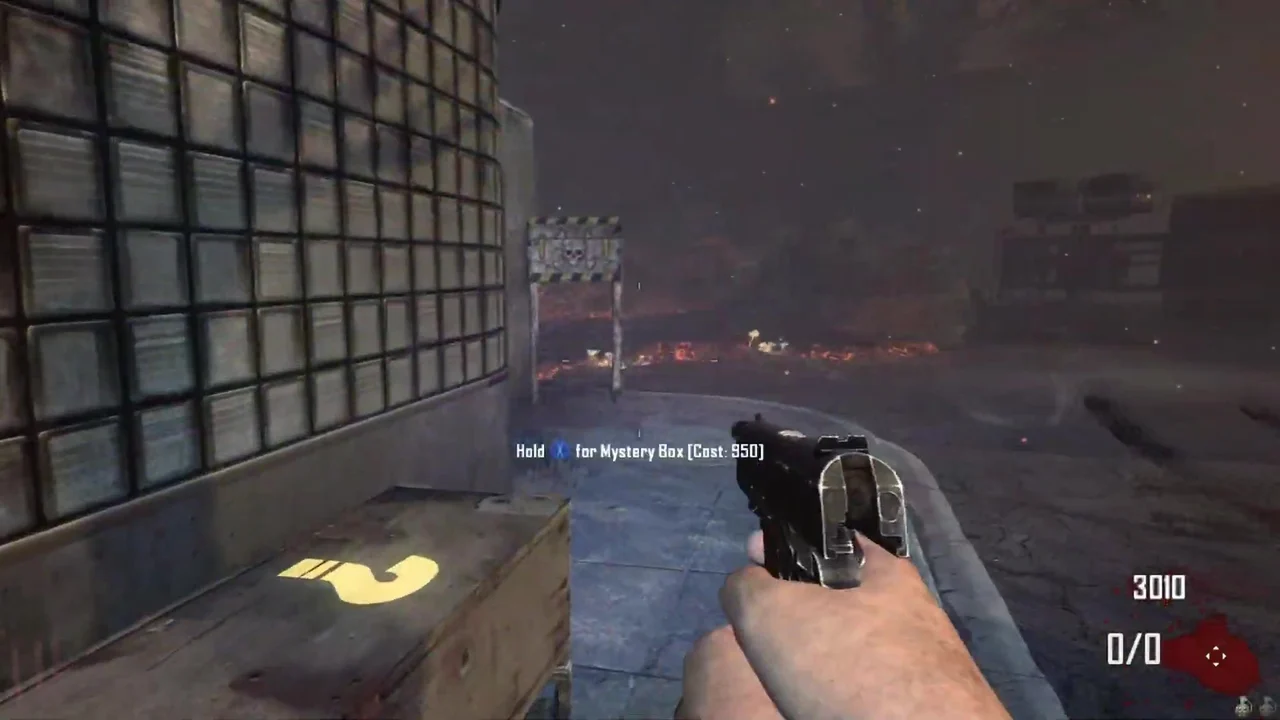 The Mystery Box on the sidewalk outside the depot with the prompt Cost 950 at the Bus Depot in TranZit, Call of Duty Black Ops II Zombies