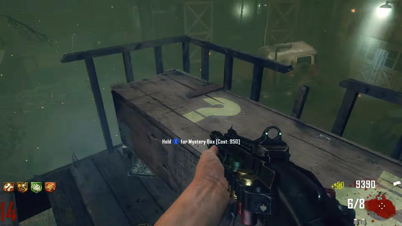 The Mystery Box on the farmhouse balcony, Hold for Mystery Box, Cost 950 in TranZit, Call of Duty Black Ops II Zombies