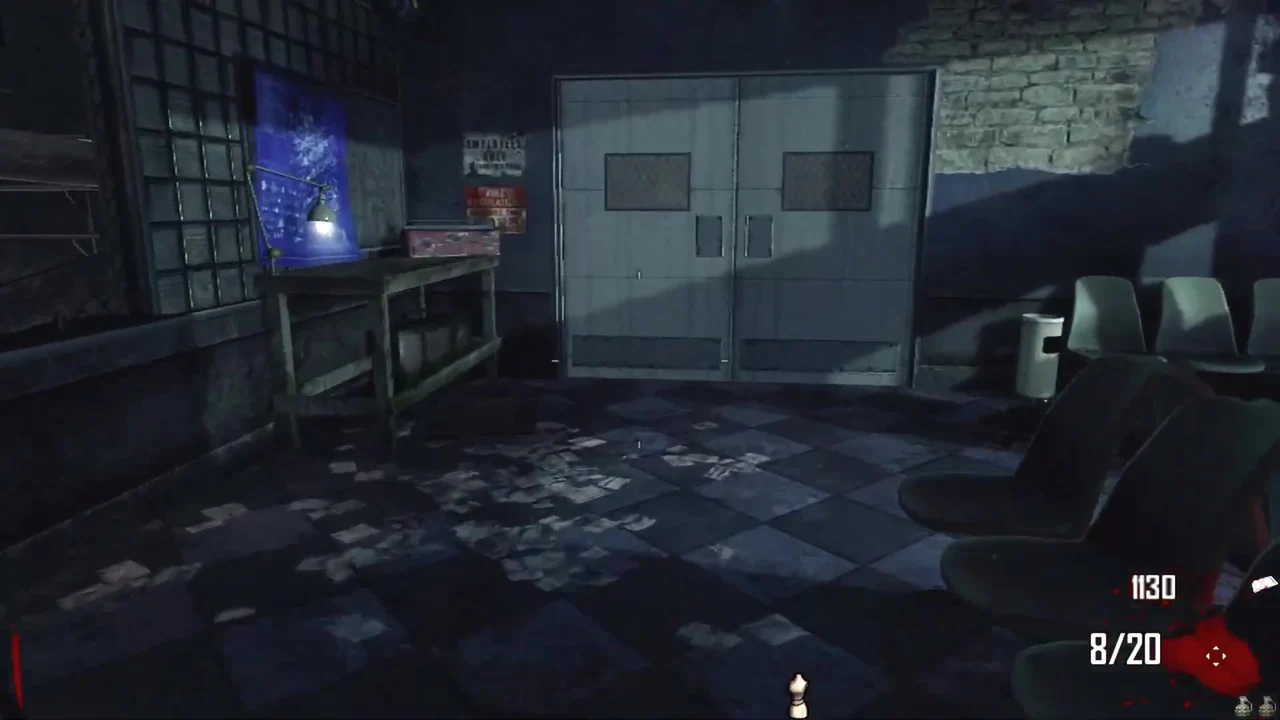The metal doors of the depot hall, shut, beside the workbench at the Bus Depot in TranZit, Call of Duty Black Ops II Zombies