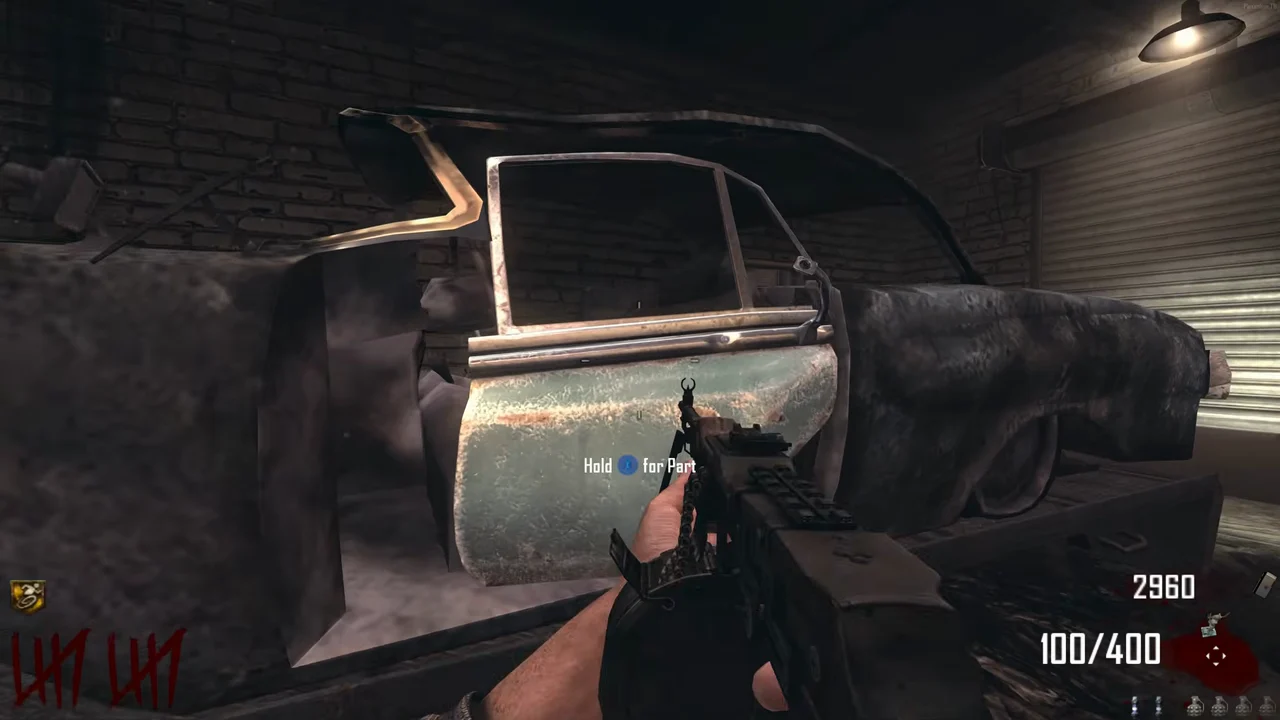 The car door of the Zombie Shield on the car up on the lift in the Diner garage in TranZit, Call of Duty Black Ops II Zombies