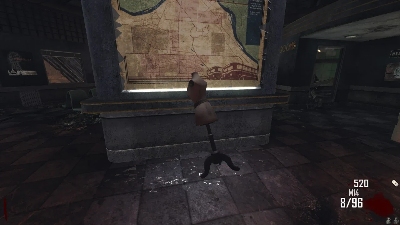 The mannequin of the Turbine leaning against the big route map in the depot hall in TranZit, Call of Duty Black Ops II Zombies