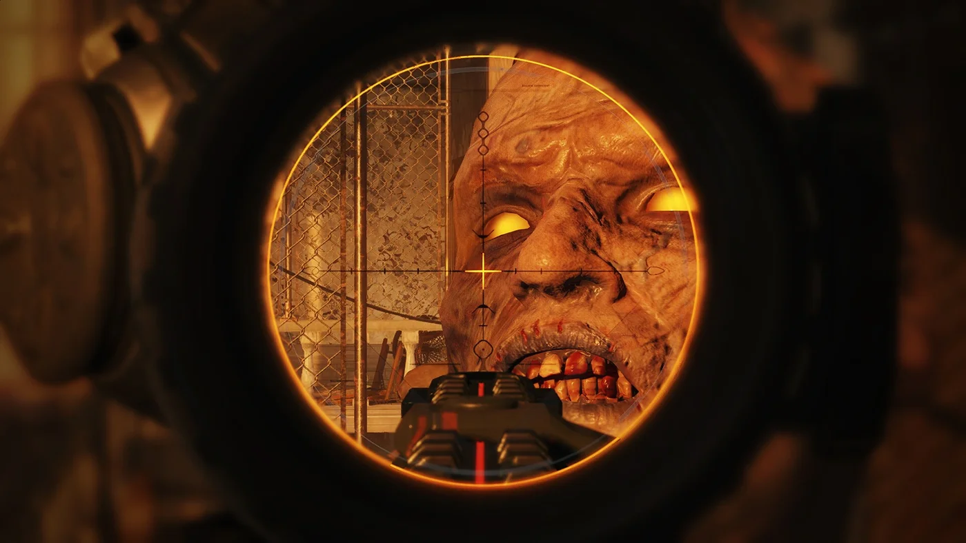 A zombie in the courtyard seen through a scope, image of the Acted Alone achievement, Verrückt, Call of Duty Black Ops III Zombies