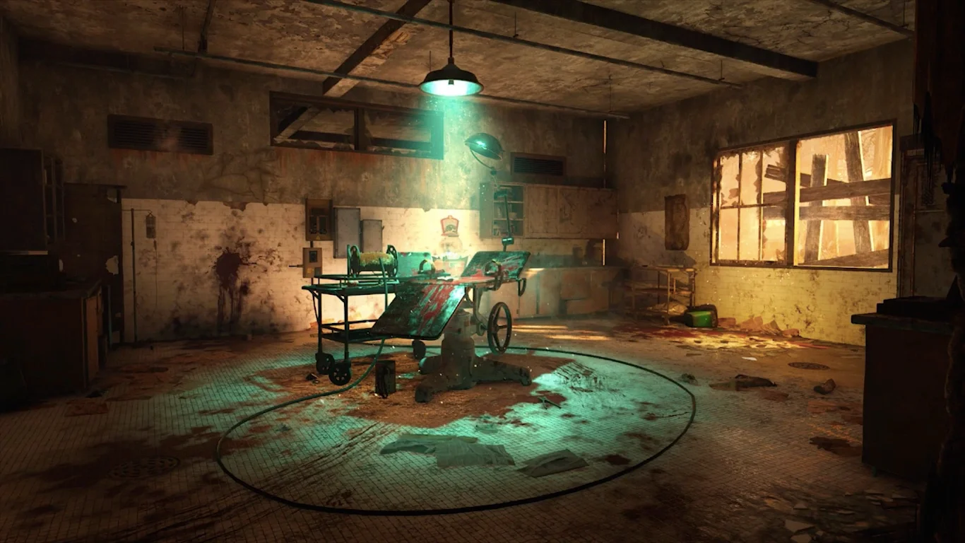 The dentist chair under its lamp in the operating room of the Juggernog side, promotional image of Zombies Chronicles, Verrückt, Call of Duty Black Ops III Zombies