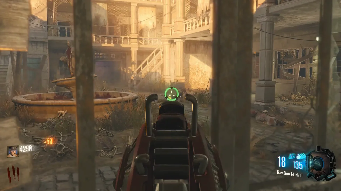 The fountain of the courtyard, filled with blood and topped with a statue, seen through a window, Verrückt, Call of Duty Black Ops III Zombies