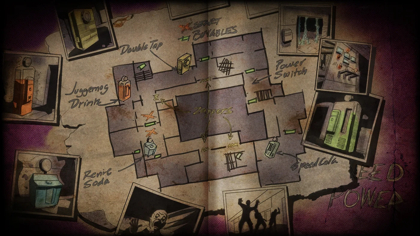 The loading screen of the remaster, a hand-drawn plan of the asylum with the perks, the power switch, the zappers and the two starts, Verrückt, Call of Duty Black Ops III Zombies