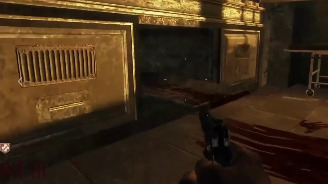 The cremation ovens of the morgue on the American side, one door open, in Verrückt, Call of Duty Black Ops Zombies