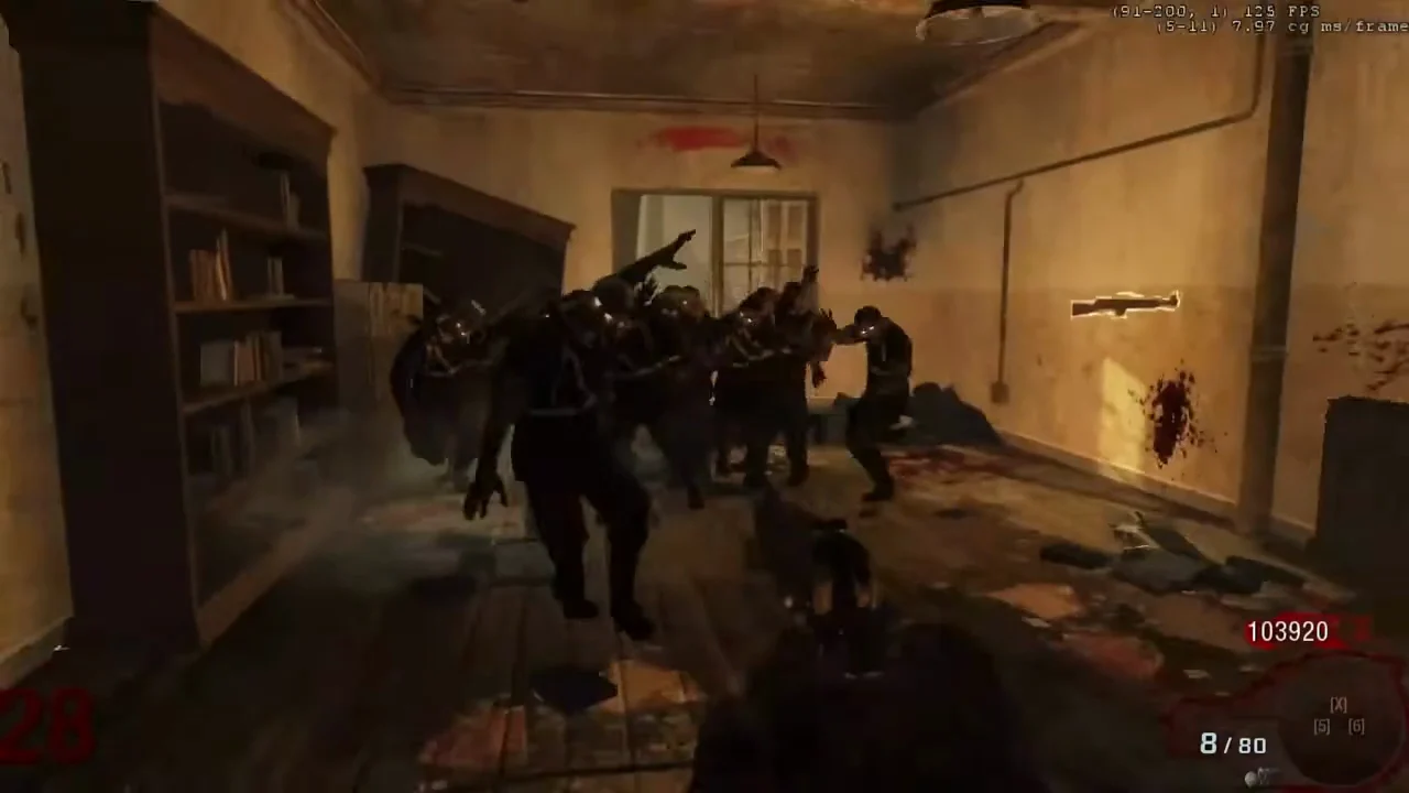 Zombies crossing the Juggernog side starting room, its bookshelves, window and Gewehr 43 chalk outline in Verrückt, Call of Duty Black Ops Zombies