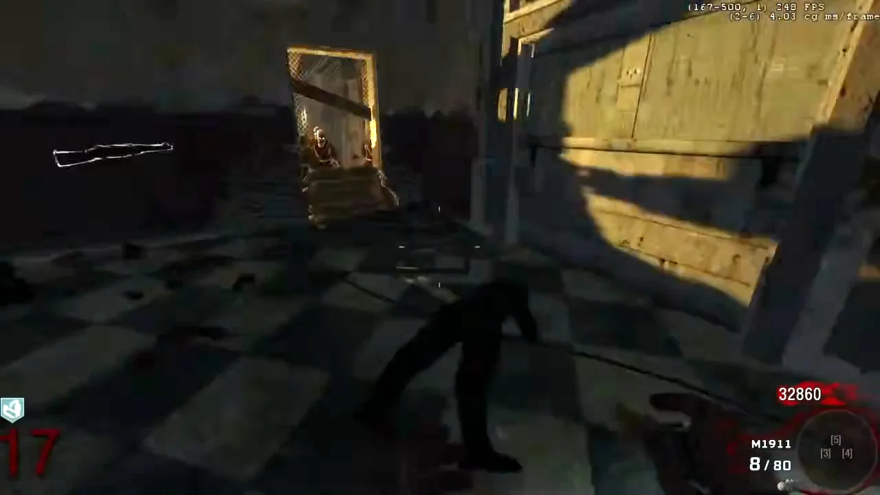 Zombies behind the planks of a window of the Quick Revive side starting room, a rifle chalk outline on the wall in Verrückt, Call of Duty Black Ops Zombies