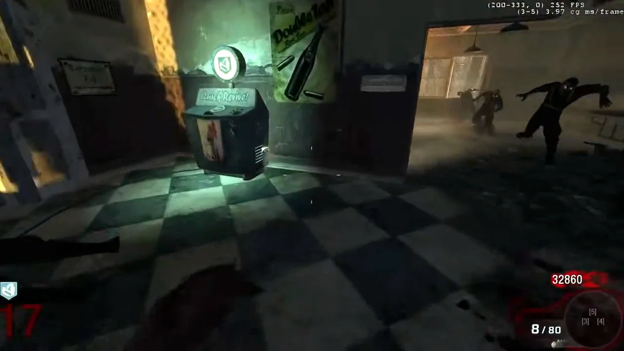 The Quick Revive machine lit in the Quick Revive side starting room, its perk icon in the HUD in Verrückt, Call of Duty Black Ops Zombies