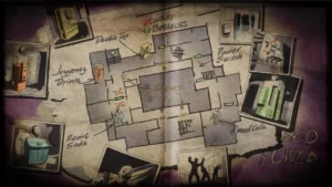 The Verrückt loading screen of the Black Ops version: a map of the asylum pinned with photos of the perk machines, Call of Duty Black Ops Zombies