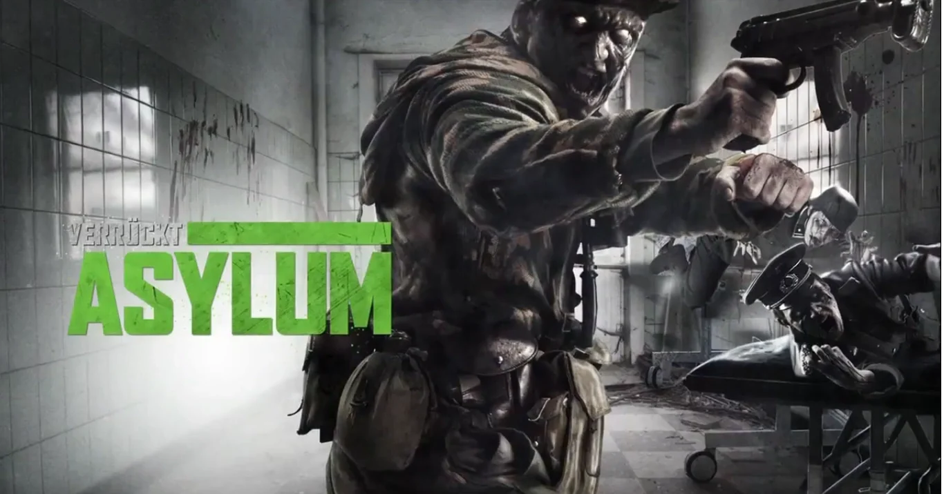 The Verrückt art of the Rezurrection map pack, a soldier with a pistol in a corridor of the asylum, Call of Duty Black Ops Zombies