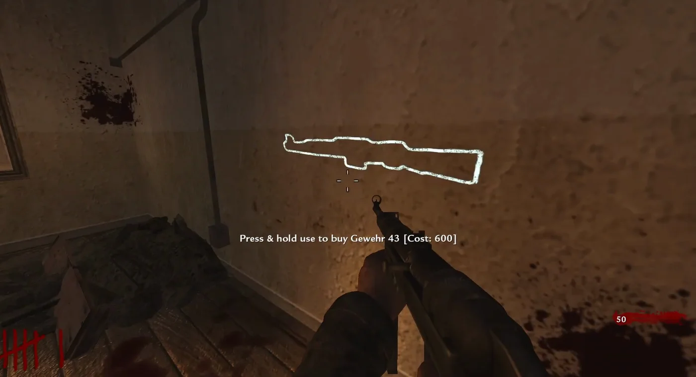 The chalk outline of the Gewehr 43 in the small room of the Juggernog side, with its buy prompt for 600 points, Verrückt, Call of Duty World at War Zombies