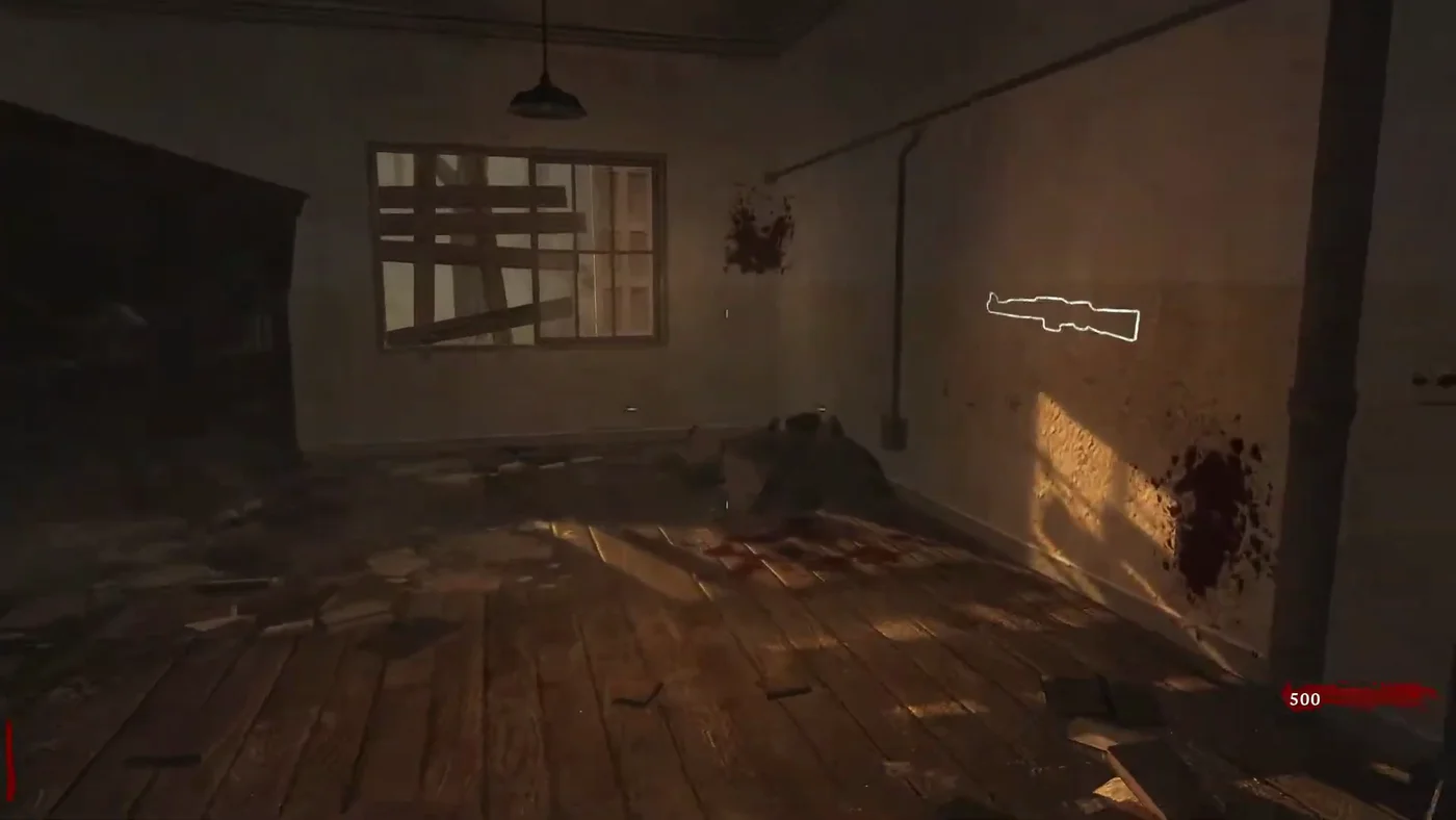 The small room of the Juggernog side starting room, with the chalk outline of the Gewehr 43 on the wall and a barricaded window, Verrückt, Call of Duty World at War Zombies
