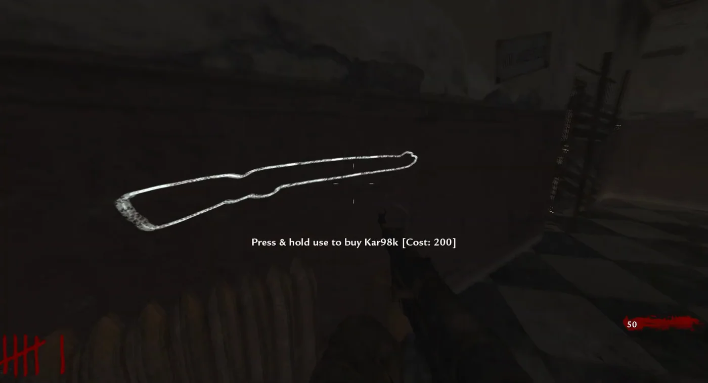 The chalk outline of the Kar98k on a wall of the Juggernog side starting room, with its buy prompt for 200 points, Verrückt, Call of Duty World at War Zombies