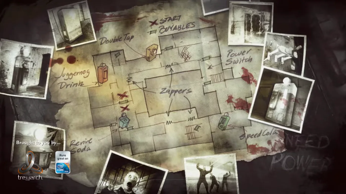 The loading screen of the map, a sketched plan marking the two starts, the four perks, the zappers and the power switch, Verrückt, Call of Duty World at War Zombies