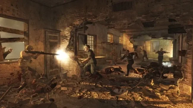 A Marine firing at zombies in a ruined room of the asylum, promotional screenshot, Verrückt, Call of Duty World at War Zombies