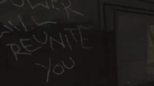The words Power will reunite you chalked on a wall of the Juggernog side starting room, next to the electric door, Verrückt, Call of Duty World at War Zombies