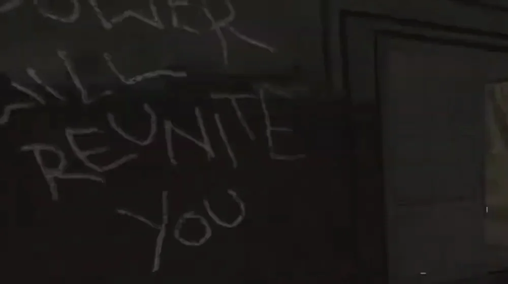 The words Power will reunite you chalked on a wall of the Juggernog side starting room, next to the electric door, Verrückt, Call of Duty World at War Zombies