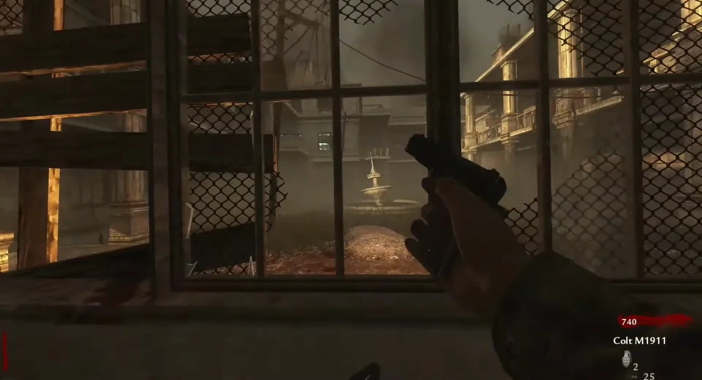 A barricaded window of the Quick Revive side starting room, looking out on the courtyard and its fountain, Verrückt, Call of Duty World at War Zombies