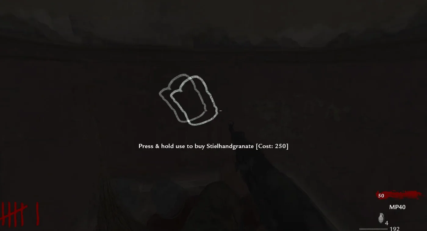 The chalk outline of the Stielhandgranates in the Juggernog side starting room, with their buy prompt for 250 points, Verrückt, Call of Duty World at War Zombies