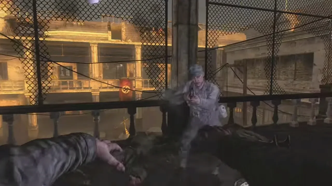 A zombie reaching for a Marine, seen through the eyes of a zombie in the first trailer, Verrückt, Call of Duty World at War Zombies