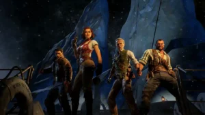 Scarlett, Diego, Bruno and Shaw standing together on the deck of the Titanic, promotional image, Voyage of Despair, Call of Duty Black Ops 4 Zombies