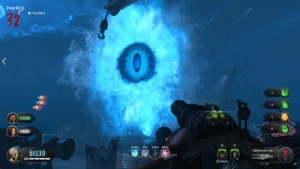 The Eye of Malice and Despair glowing blue above the Poop Deck during the boss fight, Voyage of Despair, Call of Duty Black Ops 4 Zombies