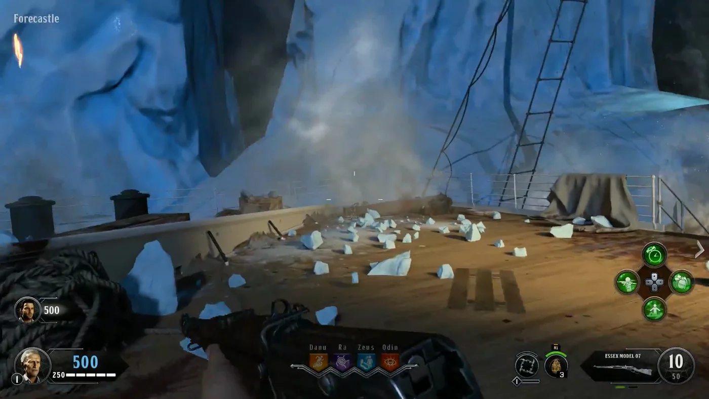 The Forecastle at the start of a game, with chunks of ice on the deck as the iceberg scrapes past the bow, Voyage of Despair, Call of Duty Black Ops 4 Zombies