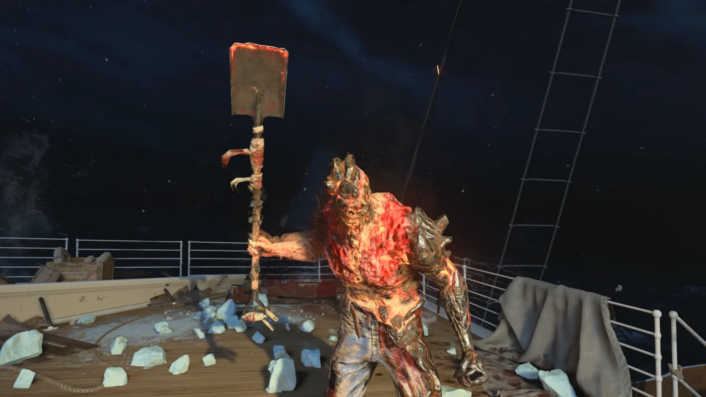 A Stoker armored with coal raising its shovel on a deck of the ship, Voyage of Despair, Call of Duty Black Ops 4 Zombies