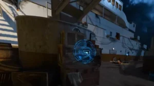 The blue outline of the Strife wall buy on the crates of the Forecastle, with the superstructure of the ship behind, Voyage of Despair, Call of Duty Black Ops 4 Zombies
