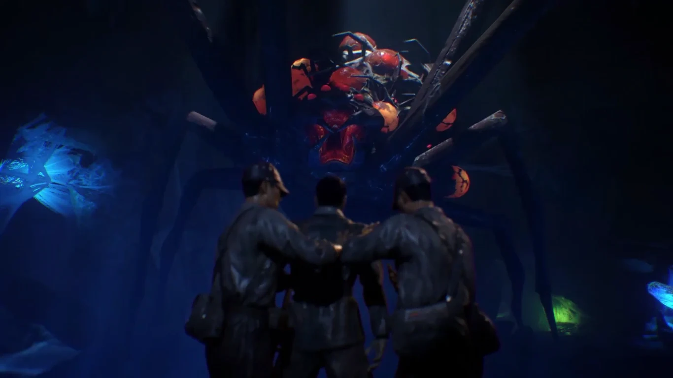 The crew facing the Giant Spider in its cave, Zetsubou No Shima, Call of Duty Black Ops III Zombies