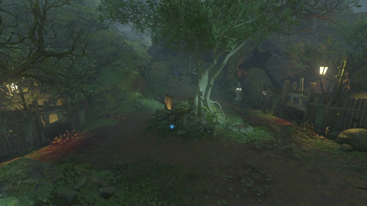The spawn area, a jungle clearing with a large tree, stone ruins and wooden fences, the First Room of Zetsubou No Shima, Call of Duty Black Ops III Zombies