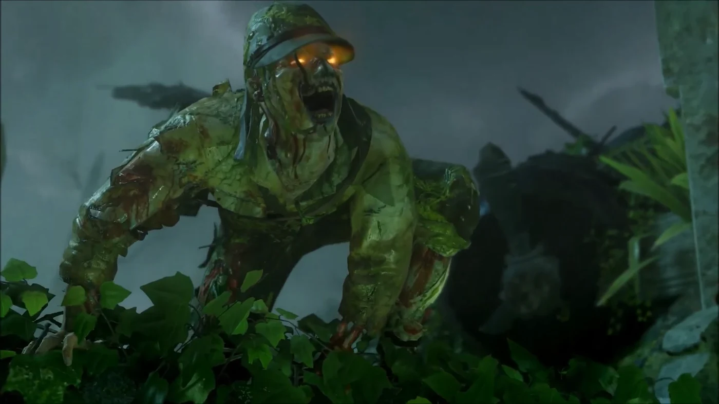 A zombie with glowing eyes in the jungle, trailer screenshot, Zetsubou No Shima, Call of Duty Black Ops III Zombies